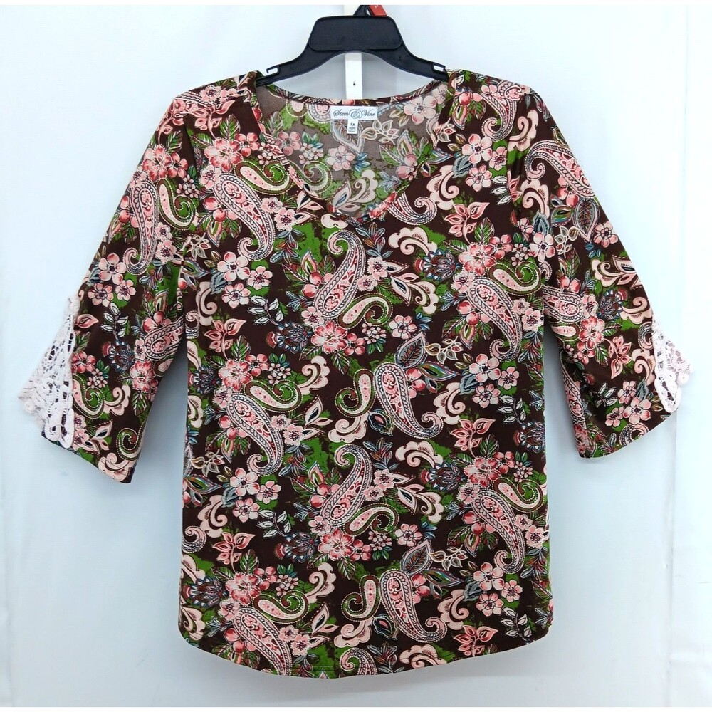 Stem Vine Blouse Women Size 1X Dark Red Floral 3/4 Crochet Bell Sleeve Top